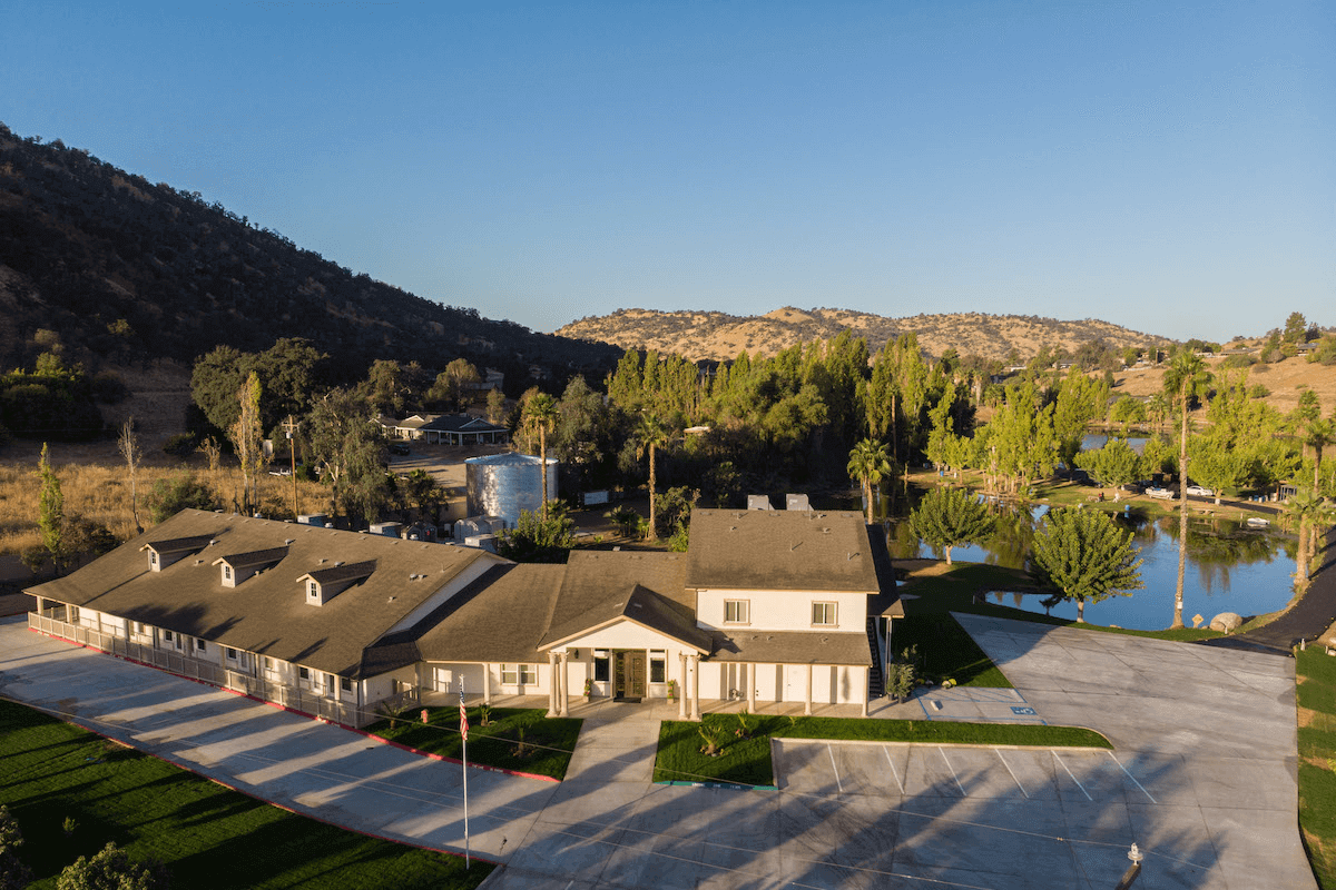 Drone shot of Sierra Care facility and lake